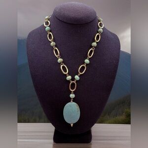 Pale Green Stone Faux Turquoise Matte Goldtone Oval Link Necklace Lia Sophia